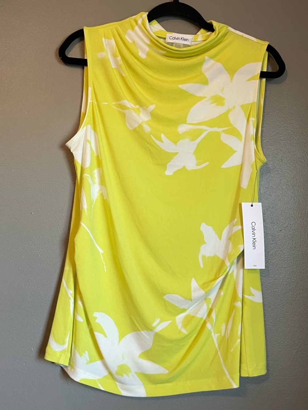 NWT Calvin Klein Large Womens Lime Floral High-Neck Sleeveless Blouse Top Rt $59